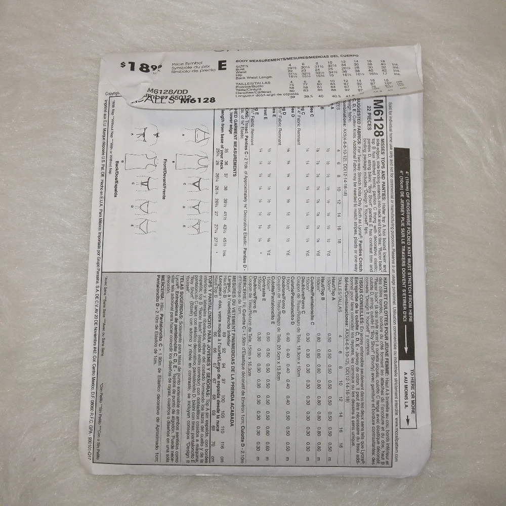 McCall's M6128 Misses panties and tops Size 12-14-16-18